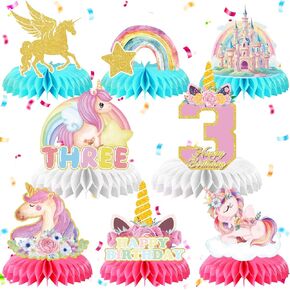 Unicorn 3rd Birthday Decorations for Girls, 8 Pieces Unicorn Rainbow Honeycomb Centerpiece Three Birthday Table Decorations for Kids Birthday Anniversary Baby Shower Party Supplies