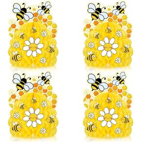 Whaline 4Pcs World Bee Day Table Centerpiece Decor Yellow Honeycomb Bee Table Decorations with 8Pcs Bee Flower Stickers for Bee Party Baby Shower Birthday Supplies