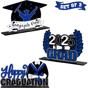 LINGTEER Class of 2025 Graduation Party Decorations - 3Pcs Congrats Grad 2025 School Graduation Acrylic Table Centerpieces Gift Stand Decorations - Blue.