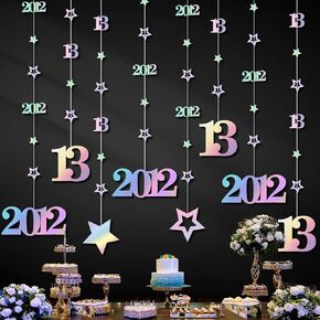Iridescent 13th Birthday Decorations for Girls Boys, Pre-Strung Glitter Twinkle Number Vintage 2012 13 Years Old Hanging Streamer Banner Party Supplies, Happy Thirteen Official Teenager Decor