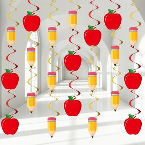 60PCS Back to School Party Swirls Decorations First Day of School Hanging Swirls Welcome Back to School Apple Pencil Hanging Decor Supplies for Preschool Elementary School Birthday Party Favors