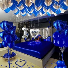 I Love You Balloons for Him/Her Balloons 56pcs Royal Blue and Sliver balloon kit Include 18 Inch Heart Shaped Balloons and 500 Blue Artificial Rose Petals Romantic Decoration Kit for Valentines Party