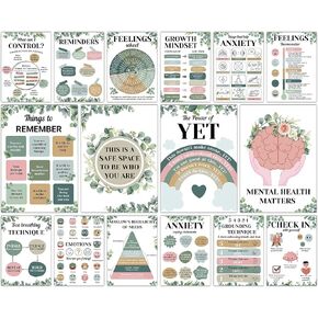 gisgfim 16PCS Eucalyptus Mental Health Posters for Classroom Anxiety Therapy Growth Mindset Inspirational Posters Counseling Therapist Office Must Haves Feeling Wheel Poster Positive Quotes Decor