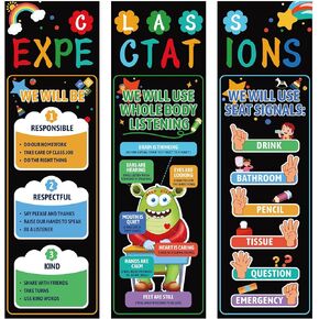 Eersida 3 Pcs Classroom Rules Posters 35" x 39" Class Expectations Poster Cartoon Style Classroom Rules Back to School Decorations for Middle School Elementary Kindergarten Preschool Educational