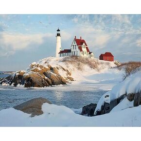 OKSGYTA Paint by Numbers Kit for Adults Nubble Lighthouse After Winter Cape Neddick York Maine 16x20 DIY Color by Numbers Acrylic Paint Canvas Painting Kits for Beginner