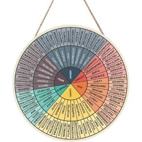 Feelings Wheel Wall Decor Mental Health Emotions Chart Round Wood Sign Wall Hanging Therapy Counseling Office Classroom Home Decor Therapist Gifts Social Behavior Learning Chart 12 Inch