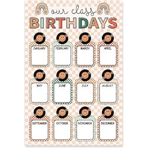 Vinyl Happy Face Birthday Chart Poster Boho Flower Rainbow Plaid Birthday Chart Calendars for Groovy Vintage Bulletin Board Chalkboard Wall Decor, 11 x 16.5 Inch