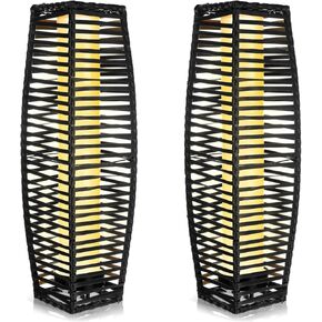 VIHOSE 2PCS 7.87 x 6.3 x 27.17 in Solar Powered Outdoor Floor Lamp Resin Wicker Solar Floor Lamp with 26 LED Light, 40 Lumen Weather Resistant Rattan Outdoor Lantern for Patio Yard Courtyard (Retro)