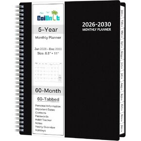 Monthly Planner 2026-2030, 5-Year Calendar Planner 2026-2030, Jan 2026 – Dec 2030, 8.5 x 11 In, Ruled Spread, Flexible Cover, Spiral Wirebound, Pocket, 60 Coated Monthly Tabs, Notes ＆ Habit Tracker, A4 Planner, Black