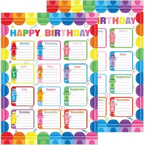 TENDFINE 2 Pcs Happy Birthday Poster Chart Crayon Theme Birthday Calendar Charts Classroom Bulletin Board Decorations 17''x23''