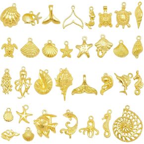 Julie Wang 90PCS Gold Zinc Alloy Ocean Pendants Mermaid Tail, Turtle, Shell, Starfish Mixed Charms for Necklace Bracelet Summer Beach Jewelry Making, Nautical Themed Craft DIY Supplies