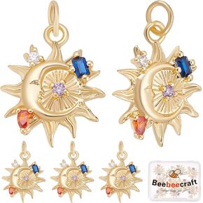 Beebeecraft 1 Box 10Pcs Moon Sun Charms 18K Gold Plated Brass Rhinestone Pendants Hanging Dangle End Charms with Loop for DIY Necklace Bracelet Jewelry Making Accessories