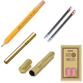 OHTO Wood Axis 2mm Mechanical Pencils with Eraser in Yellow - Replacement HB, B with Brass Sharpener and Core Case