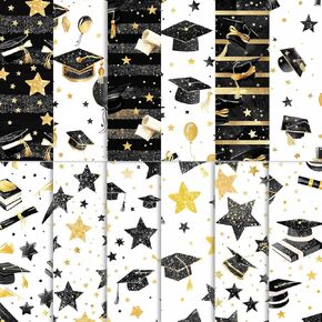 24 Sheets Black Graduation Scrapbook Paper, 11.8'' x 11.8'' Double-Sided Graduation Caps Scrolls Stars Polka Dots Book Patterns Art Craft Paper for Graduate Party Supplies, 12 Patterns