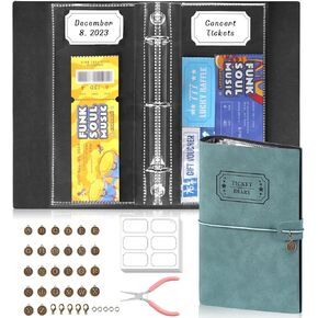 Blue PU Leather Ticket Stub Diary 3 Hole Ticket Stub Holder Album 6 x 9 Inch Ticket Stub Organizer with 40 PVC Pockets 42 DIY Stickies 26 Letter Charms for Collect Movie Concert Tickets Receipts