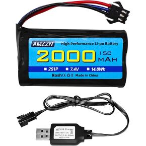 7.4V 2000mAh 15C 2S SM-3P Plug Lipo Battery with USB Charging Cable for DE43 DE60 9500E RC Car Truck Huina 1575 Remote Control Engineering Vehicle RC Toy Car Battery (1PCS Battery+1USB)