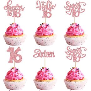 30Pcs Pink 16th Birthday Cupcake Toppers Glitter Sweet 16 Hello 16 Cupcake Picks Cheers to 16 Sixteen Cake Decorations for 16th Birthday Wedding Anniversary Party Supplies