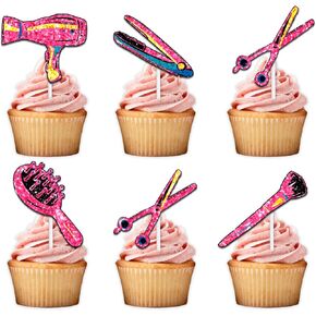 18pcs Pink Glitter Hair Cutting Tool Dessert Cupcake Topper Pick for Fashion Beauty Theme Decor Supplies Men Women Hairstylist Happy Birthda Party Decoration