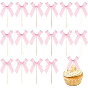 48Pcs Pink Bow Cupcake Toppers, Pink Ribbon Bowknot Birthday Cake Decorations for Bachelorette Bridal Engagement Wedding Girl Baby Shower Bow Theme Party Decor