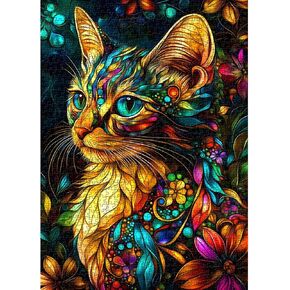 PICKFORU Stained Glass Cat Puzzles for Adults 1000 Pieces, Colorful Kitty Kitten Flower Puzzles, Beautiful Floral Cat Stained Glass Themed, Impossible Challenge for Cats Lovers