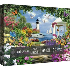 Beautiful Ocean Garden Puzzles for Adults 1000 Pieces Nature, Colorful Flower Butterfly Art Jigsaw Puzzles, Pretty Plant Lighthouse Sailboat Scenic Floral Tree Puzzle
