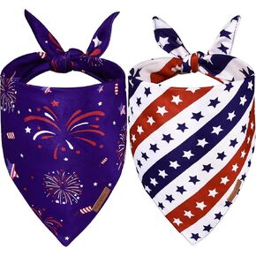 2 Pack 4th of July Dog Bandanas, Triangle Reversible Red White and Blue Soft and Durable Independence Day American Flag Dog Bandanas, Star & Stripes Patriotic Scarf