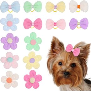 Cute Flower Dog Hair Bows with Rubber Bands, 14pcs Bows Cute Puppy Dog, Puppy Solid Hair Bow, Small Size Puppies Pet Hairs Flower Accessories for Puppies, Mix Handmade Flowers Bow Dogs Cat