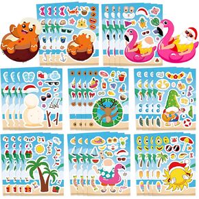 32PCS Christmas in July Stickers for Kids, Hawaiian Tropical Summer Stickers,Make Your Own Mix and Match Sticker with Santa Claus,Gingerbread Man and Snowman, Summer Holiday Party Favor