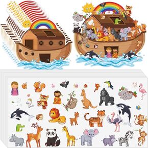 12 Set Noah's Ark Animal Sticker Scene Include Noah's Ark Backgrounds and Sheets Self Adhesive Animal Stickers Decorations Sunday School Crafts for Kids Classroom