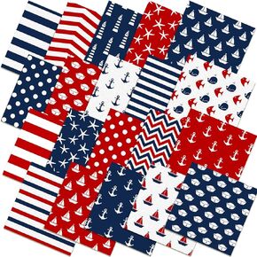 80 Pcs 10''x10'' 4th of July Nautical Quilting Fabric Square Marine Patriotic Fabric Bundle Red Blue White Quilted Material Sail Boats Sailor Hats Anchor Printed Patchwork for DIY Sewing