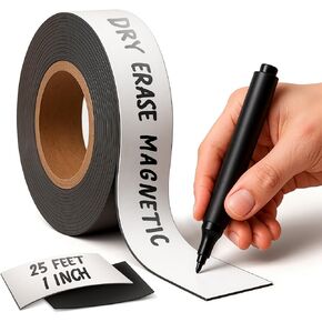 Magnetic Dry Erase Tape 25 Feet 1 Inch - White Magnetic Strip Blank Magnets to Write On Dry Erase Strips Magnet Tape Roll Custom Writable Flexible Tape for Whiteboards Shelves Bus Seats Lockers