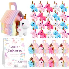 73 Pcs Unicorn Party Favors Set for Girls 24 Mini Plush Unicorn Stuffed Animal 24 Gift Box 24 Adoption Cards 1 Animal Sign Bulk with Carton House for Adopt a Pet Party Favor Birthday Supply