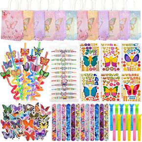 LiYiQ 122 Pcs Butterfly Party Favors included Straw Slap Bracelets Make Your Own Butterfly Stickers and Gifts Bags for Butterfly Birthday Party Supplies