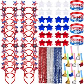 108 Pcs 4th of July Accessories Red White Blue Party Supplies, American Headbands Flag Necklaces Sunglasses Bracelet Funny Beard Blow for Independence Day Memorial Day Party Parades