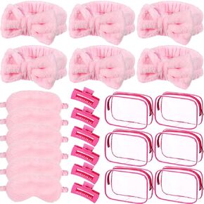 24Pcs Sleepover Party Favors for Girls 6 Pink Spa Makeup Headband 6 Plush Sleep Eye Mask 6 Rose Red Hair Claw Clips 6 Clear Cosmetic Bags for Slumber Party Supplies Gifts(Medium Claw Clips)