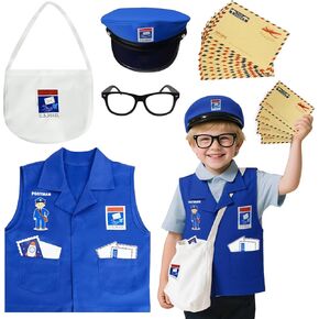 Kids Mailman Costume Set - Halloween Mail Carrier Costume for Boys Girls Community Helpers Postal Worker Uniform Set with Mail Bag, Toddler/Boy Dress Up Outfit for Pretend Play, Role Play & Career Day