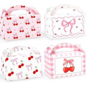 JarThenaAMCS 24Pcs Cherry Bow Treat Boxes with Handles Red Pink Coquette Bow Cherry Gift Paper Container for Birthday Bachelorette Engagement Party Supplies