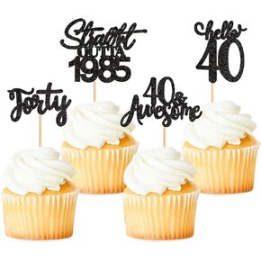 24 Pack Straight Outta 1985 Cupcake Toppers - Happy 40th I'm 40 Forty Years Birthday Party Decoration Supplies | Black 1985 2