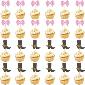 24 PCS Boots or Bows Gender Reveal Decorations, Pink Bow Cake Topper Cowgirl Cupcake Toppers Brown Boots Western Cupcake Toppers for Birthday Party Club Wedding Decor