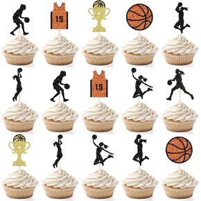 Little Man Girls Basketball Cupcake Toppers, 24PCS, Non-Edible, Basketball Cake Decorations, Sports Cupcake Toppers, Birthday Occasion, Black, Gold, Orange
