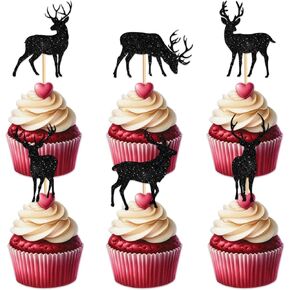 18pcs Black Glitter Silhouette Deer Head Cupcake Topper for Forest Wildlife Hunting Theme Party Background Decorations Men Women Kids Happy Birthday Bachelorette Shower Party Decor Supplies