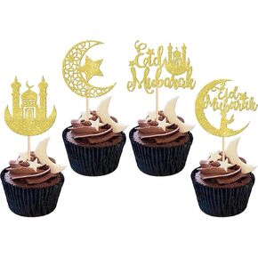 Rsstarxi 24 Pack Gold Glitter Moon and Star Cupcake Toppers Eid Mubarak Cupcake Toppers Ramadan Kareem Party Cupcake Picks for Eid Islamic Muslim Party Cake Decorations