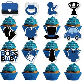 24PCS Baby Show Cupcake Toppers, Cartoon Theme Boss Shower Party Cupcake Decor - Movie Sign Gender Reveal Party Decoration Cake Picks - Boys 1st Birthday Party Favors Supplies (12 Style x 2)