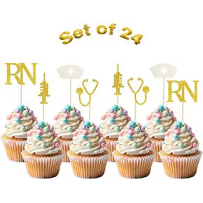 Kimini-Ki RN Cupcake Toppers, 24Pcs Nursing Cupcake Toppers, Medical Themed Assistant Symbol Cupcake Picks, Congrats RN Nurse Themed Graduation Party Decorations
