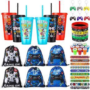 48 PCS Video Game Party Favors,Gaming Birthday Party Supplies with Gaming Cups Stamper Keychain Wristbands Drawstring Bags for Kids Adult