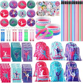 Lenwen 128 Pcs Gymnastics Party Favors for Girls Gymnastics Drawstring Gift Bags Stickers Pencils Keychain Spiral Notebook Button Pins Rubber Bracelets for Birthday Gifts Party Supplies