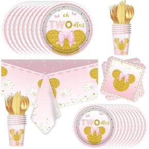 Pink Mouse Birthday Party Tableware Set,Cartoon Mouse Theme Party Decoration Supplies,Includes Dinner Plates, Napkins,Tablecloth,Cups, Knives,Forks and Spoons