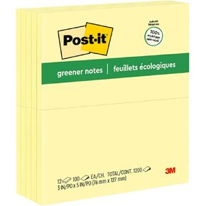 Post-it Greener Notes, 3 in x 5 in, 12 Pads, America's #1 Favorite Sticky Notes, Canary Yellow, Clean Removal, 100% Recycled Material (655-RP)