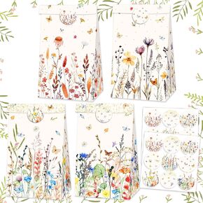 BACH AND BOUJEE 12 PCS Wildflower Party Favor Gift Bags with Stickers Floral Boho Theme Candy Goodie Bags Treat Box for Bridal Shower Baby Shower Birthday Wedding