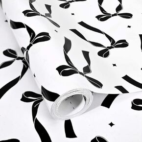 Black Bow Wrapping Paper- 17 Inches X 33 Feet -Cute Black White Bowknot Pattern Gift Wrap Paper for Birthday Party Bachelorette Party Coquette Party Craft Supplies